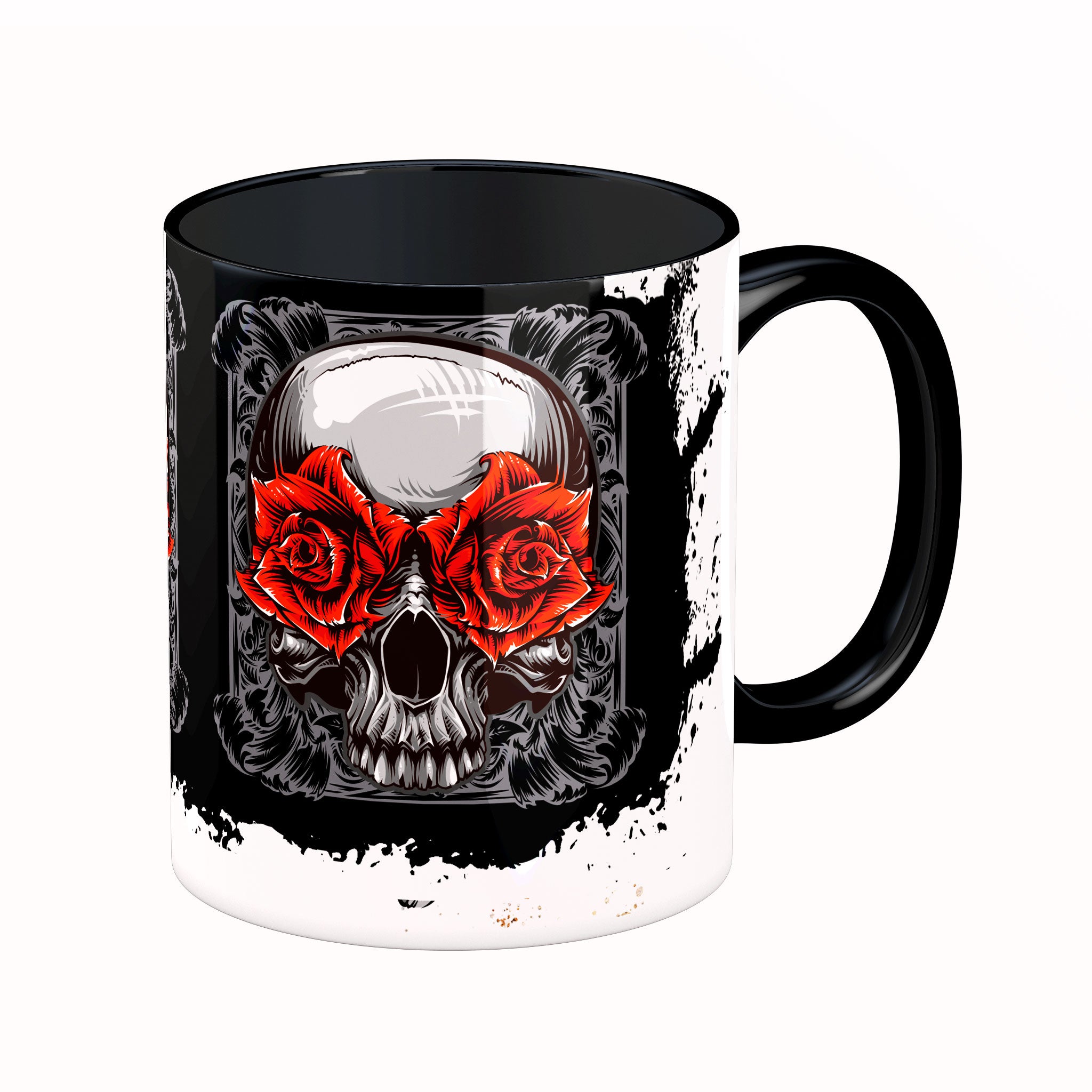 TASSE NOIR TETE DE MORT ROSES